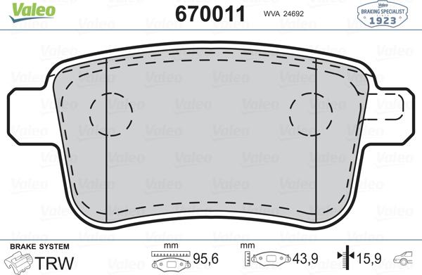 Valeo 670011 - Bremžu uzliku kompl., Disku bremzes www.autospares.lv