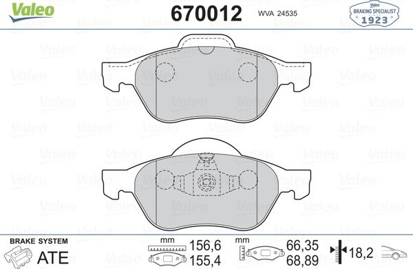 Valeo 670012 - Тормозные колодки, дисковые, комплект www.autospares.lv