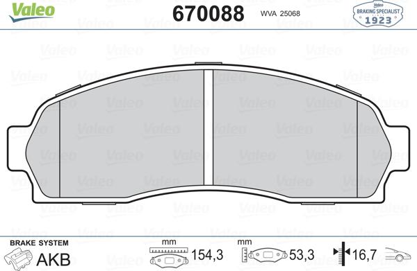 Valeo 670088 - Тормозные колодки, дисковые, комплект www.autospares.lv