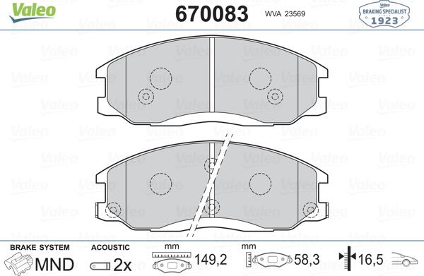 Valeo 670083 - Brake Pad Set, disc brake www.autospares.lv