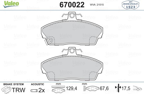 Valeo 670022 - Тормозные колодки, дисковые, комплект www.autospares.lv