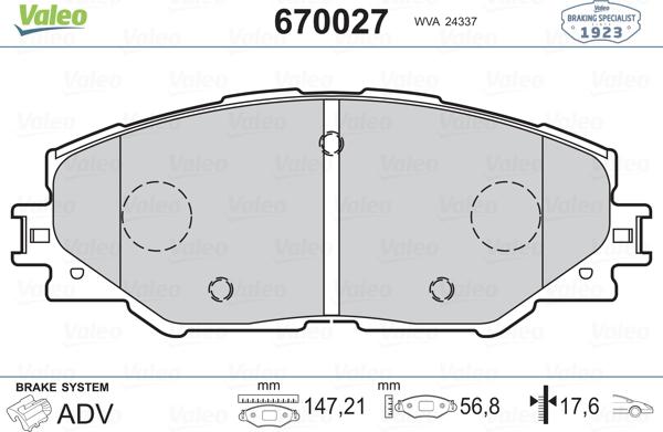 Valeo 670027 - Bremžu uzliku kompl., Disku bremzes www.autospares.lv