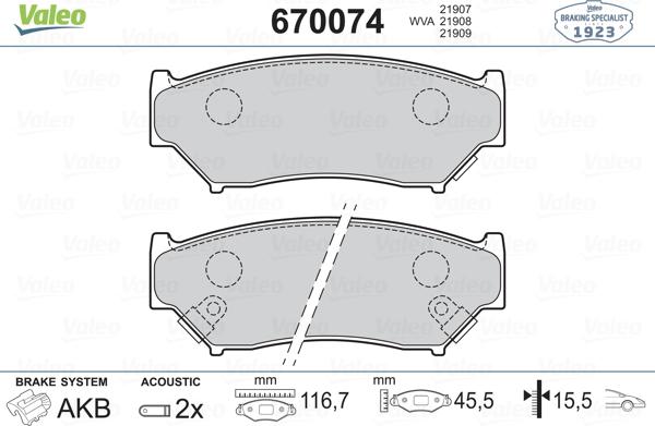 Valeo 670074 - Bremžu uzliku kompl., Disku bremzes www.autospares.lv