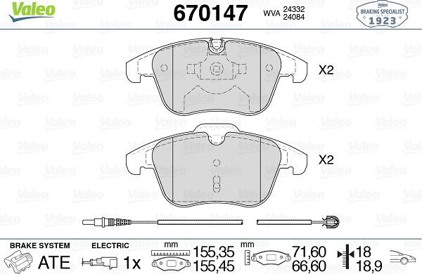 Valeo 670147 - Bremžu uzliku kompl., Disku bremzes www.autospares.lv