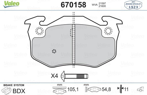 Valeo 670158 - Brake Pad Set, disc brake www.autospares.lv