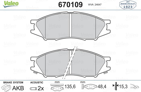 Valeo 670109 - Тормозные колодки, дисковые, комплект www.autospares.lv