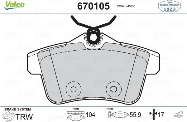 Valeo 670105 - Bremžu uzliku kompl., Disku bremzes www.autospares.lv