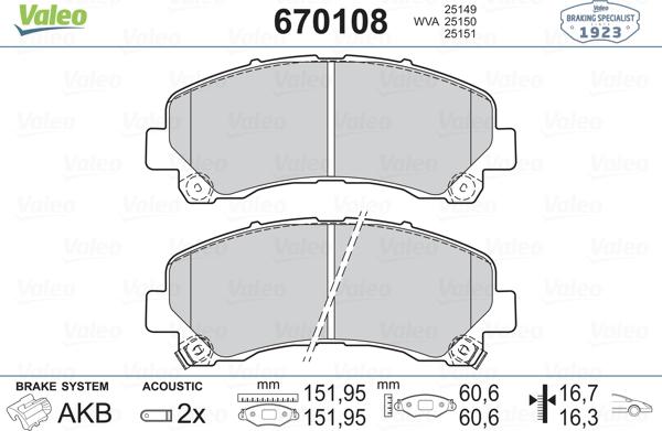 Valeo 670108 - Bremžu uzliku kompl., Disku bremzes www.autospares.lv