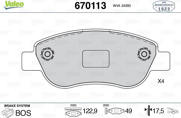 Valeo 670113 - Тормозные колодки, дисковые, комплект www.autospares.lv