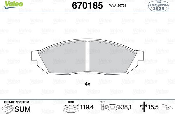 Valeo 670185 - Brake Pad Set, disc brake www.autospares.lv