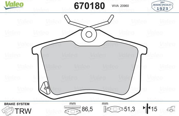 Valeo 670180 - Bremžu uzliku kompl., Disku bremzes www.autospares.lv