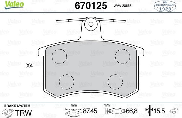 Valeo 670125 - Bremžu uzliku kompl., Disku bremzes www.autospares.lv