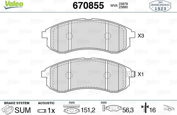 Valeo 670855 - Bremžu uzliku kompl., Disku bremzes www.autospares.lv