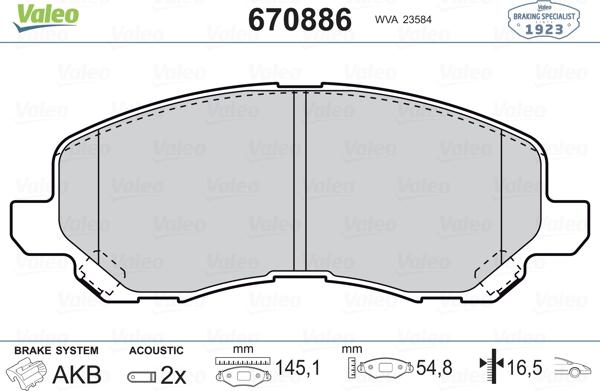 Valeo 670886 - Bremžu uzliku kompl., Disku bremzes www.autospares.lv