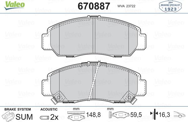 Valeo 670887 - Brake Pad Set, disc brake www.autospares.lv