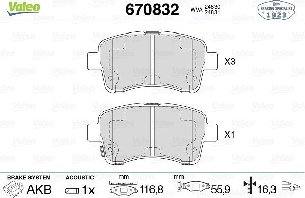 Valeo 670832 - Тормозные колодки, дисковые, комплект www.autospares.lv