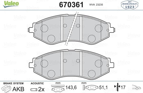 Valeo 670361 - Bremžu uzliku kompl., Disku bremzes www.autospares.lv