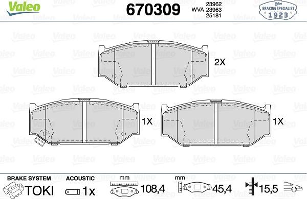 Valeo 670309 - Brake Pad Set, disc brake www.autospares.lv