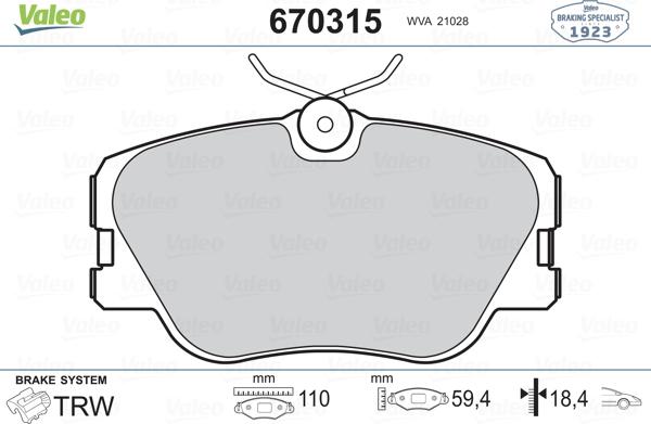 Valeo 670315 - Тормозные колодки, дисковые, комплект www.autospares.lv