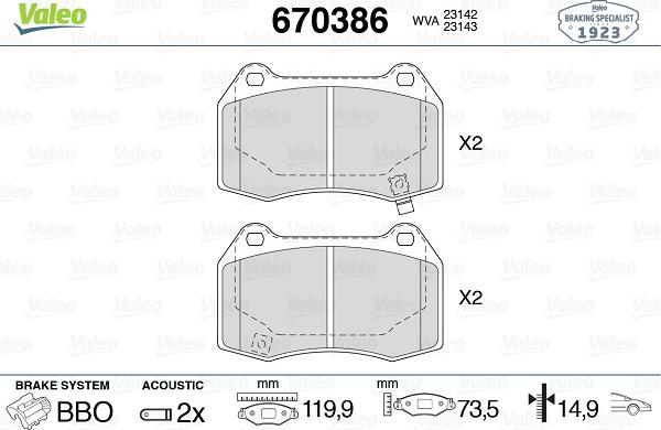 Valeo 670386 - Bremžu uzliku kompl., Disku bremzes www.autospares.lv