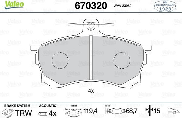 Valeo 670320 - Brake Pad Set, disc brake www.autospares.lv