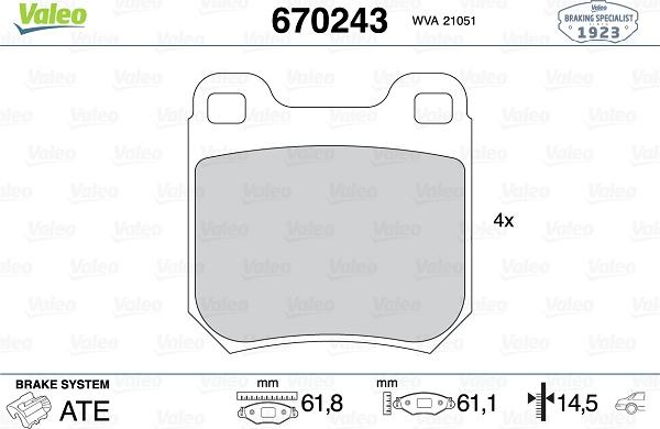 Valeo 670243 - Brake Pad Set, disc brake www.autospares.lv