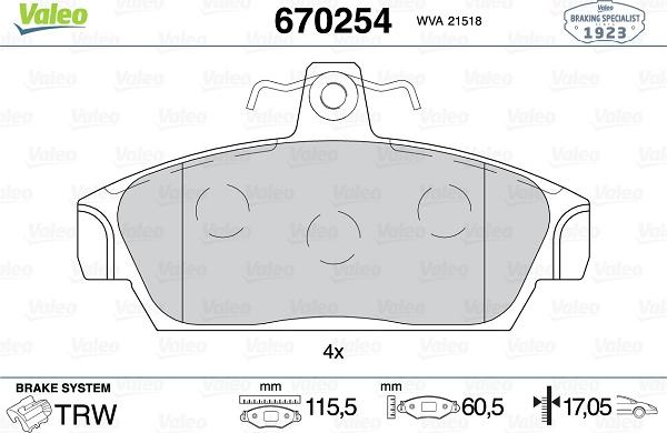 Valeo 670254 - Bremžu uzliku kompl., Disku bremzes www.autospares.lv