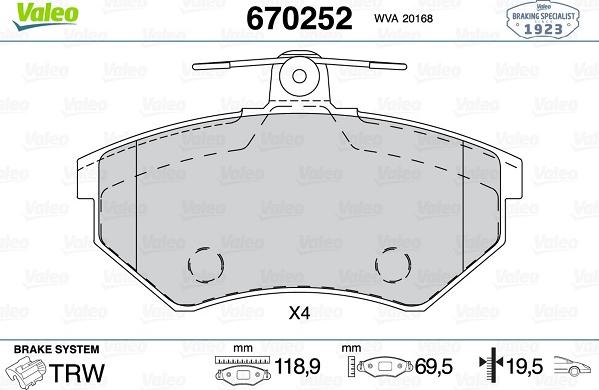 Valeo 670252 - Bremžu uzliku kompl., Disku bremzes www.autospares.lv