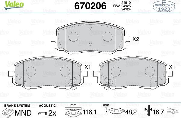 Valeo 670206 - Bremžu uzliku kompl., Disku bremzes www.autospares.lv