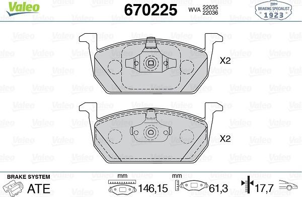 Valeo 670225 - Bremžu uzliku kompl., Disku bremzes autospares.lv