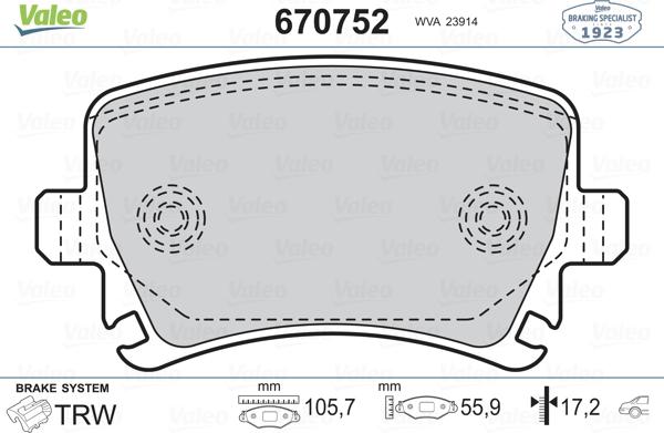 Valeo 670752 - Brake Pad Set, disc brake www.autospares.lv