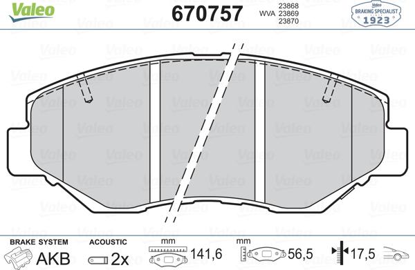 Valeo 670757 - Brake Pad Set, disc brake www.autospares.lv