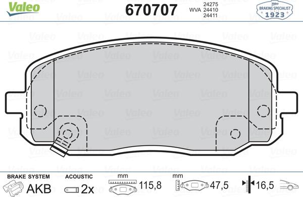 Valeo 670707 - Bremžu uzliku kompl., Disku bremzes www.autospares.lv