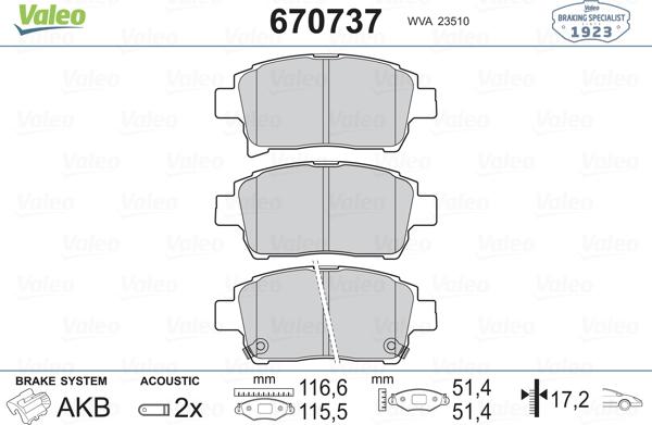 Valeo 670737 - Тормозные колодки, дисковые, комплект www.autospares.lv