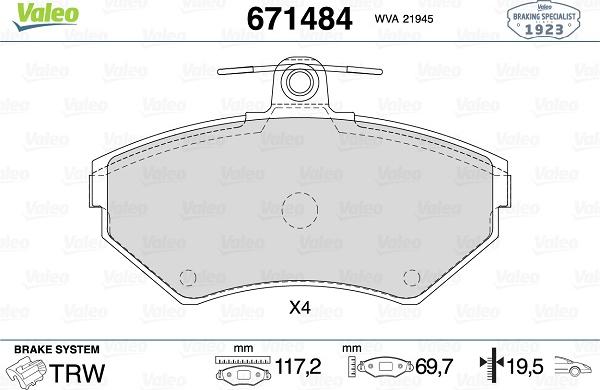 Valeo 671484 - Bremžu uzliku kompl., Disku bremzes www.autospares.lv