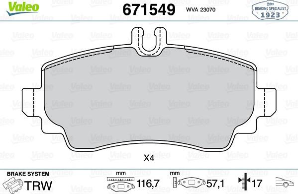 Valeo 671549 - Тормозные колодки, дисковые, комплект www.autospares.lv