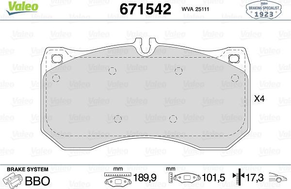 Valeo 671542 - Bremžu uzliku kompl., Disku bremzes www.autospares.lv