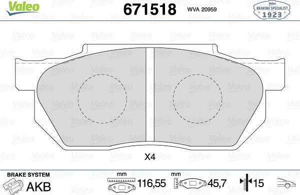 Valeo 671518 - Тормозные колодки, дисковые, комплект www.autospares.lv