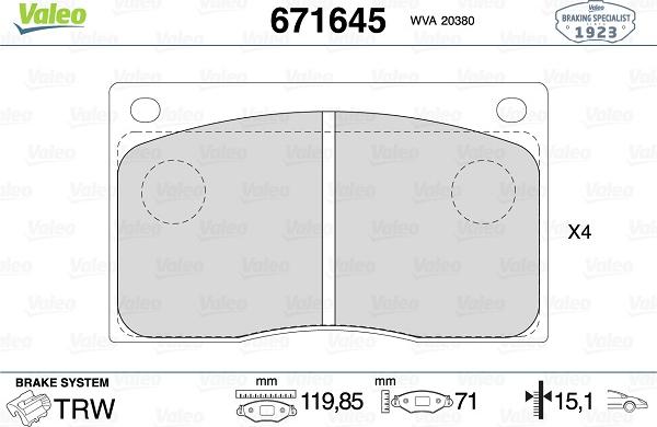 Valeo 671645 - Brake Pad Set, disc brake www.autospares.lv