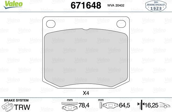 Valeo 671648 - Brake Pad Set, disc brake www.autospares.lv