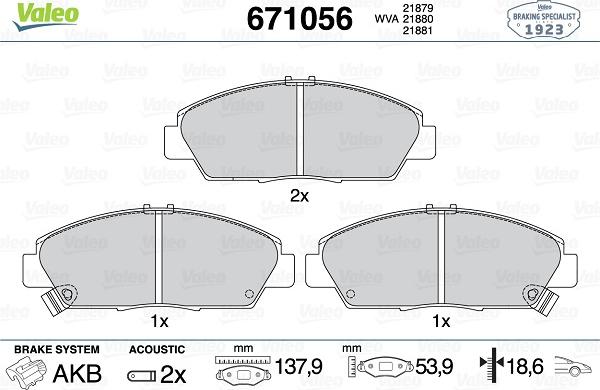 Valeo 671056 - Brake Pad Set, disc brake www.autospares.lv