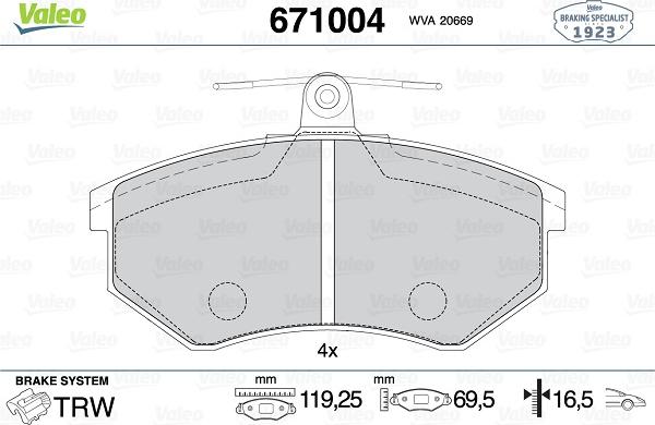 Valeo 671004 - Тормозные колодки, дисковые, комплект www.autospares.lv