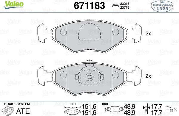 Valeo 671183 - Bremžu uzliku kompl., Disku bremzes www.autospares.lv