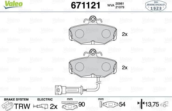 Valeo 671121 - Тормозные колодки, дисковые, комплект www.autospares.lv