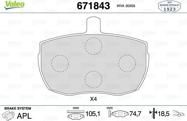 Valeo 671843 - Тормозные колодки, дисковые, комплект www.autospares.lv