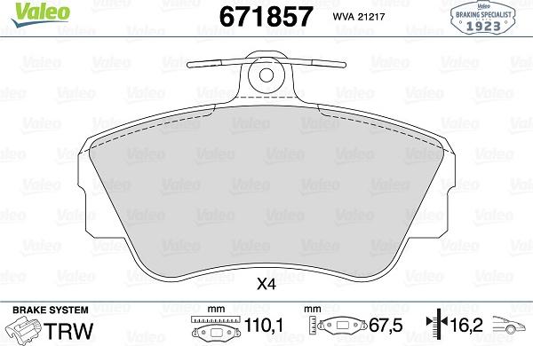 Valeo 671857 - Bremžu uzliku kompl., Disku bremzes www.autospares.lv