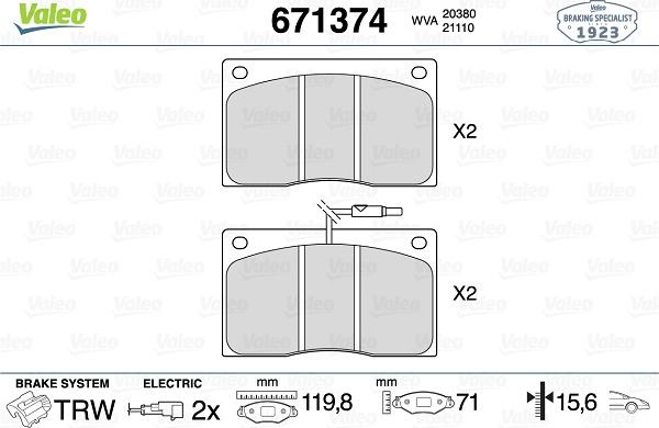 Valeo 671374 - Bremžu uzliku kompl., Disku bremzes www.autospares.lv