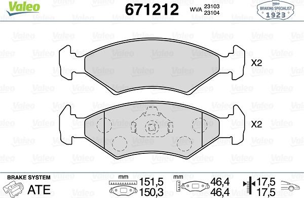 Valeo 671212 - Тормозные колодки, дисковые, комплект www.autospares.lv