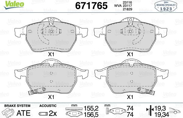 Valeo 671765 - Тормозные колодки, дисковые, комплект www.autospares.lv