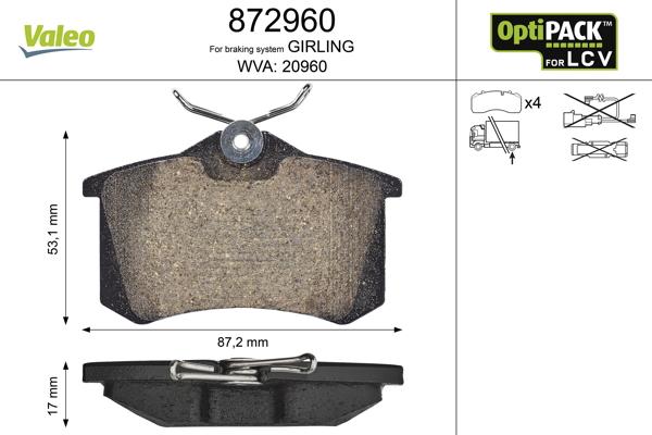 Valeo 872960 - Brake Pad Set, disc brake www.autospares.lv